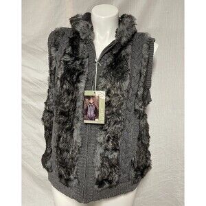 GREEN TEA Hooded Sweater Faux Fur Vest Grey Cable Knit Pockets Zipper XXL NWT